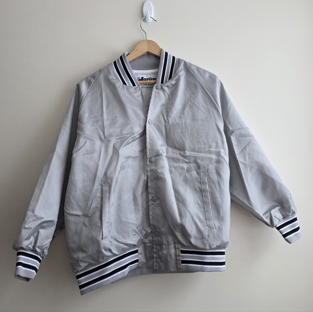 Vtg 80s Varsity Silver Satin Bomber Jacket Horizon Sportswear Blank Large Stripe